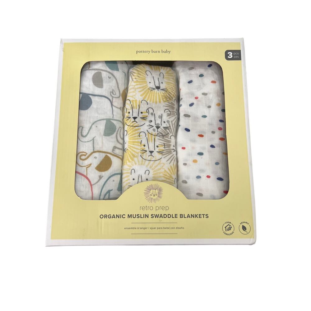 Pottery Barn Baby 3 pcs Organic Muslin Swaddle Blankets NIB